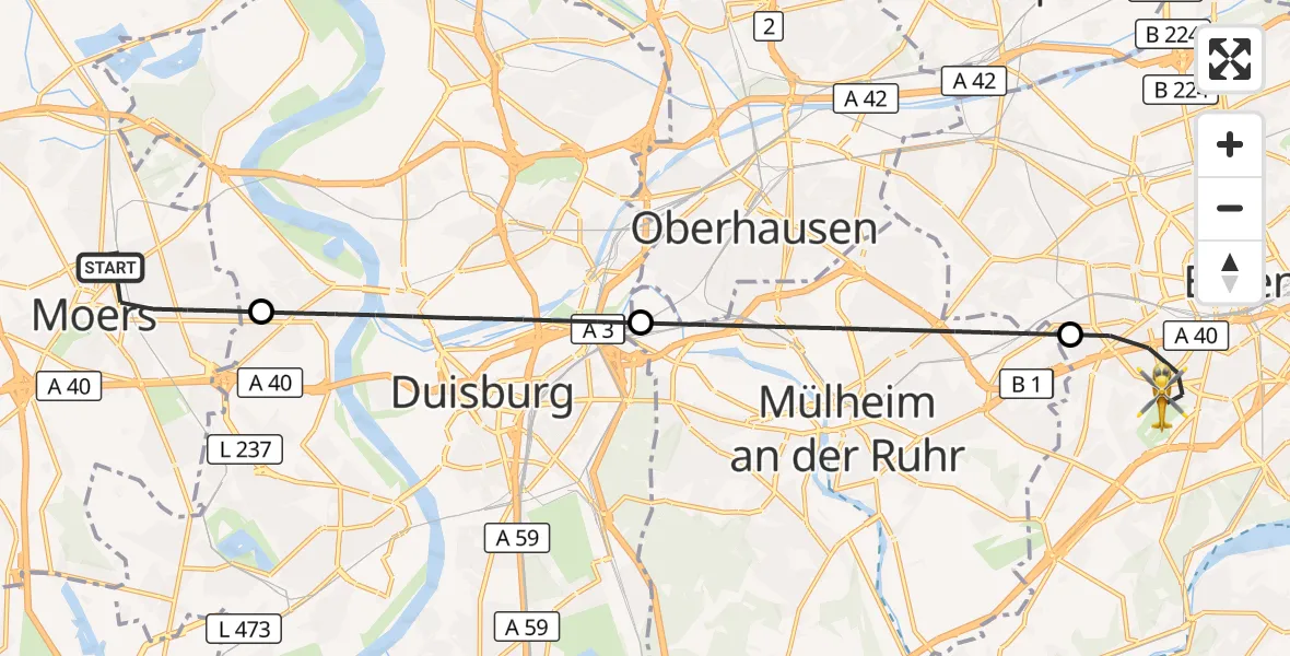 Flugroute Ambulanzhubschrauber Moers - Essen, 27 Mai 2026, 17:18