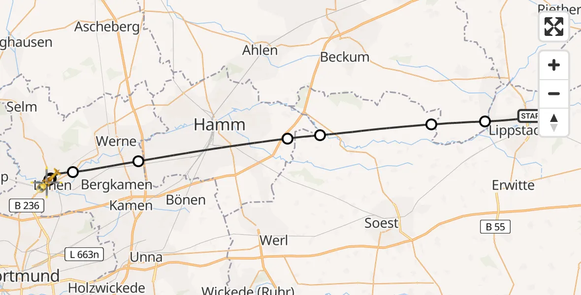 Flugroute Rettungshubschrauber Lippstadt - Sankt Marien Hospital, 27 Mai 2026, 17:28