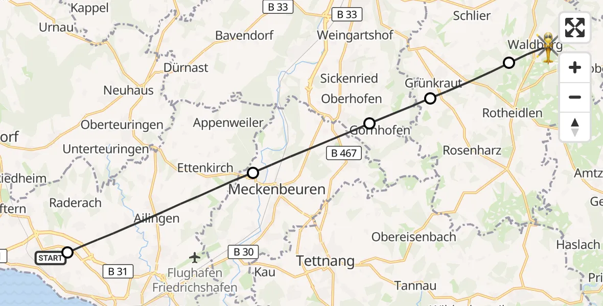Flugroute Rettungshubschrauber Friedrichshafen Hospital - Waldburg, 27 Mai 2026, 17:28