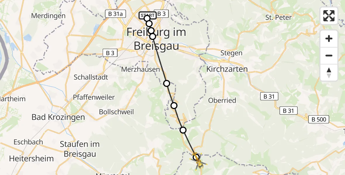 Flugroute Rettungshubschrauber Freiburg im Breisgau Flugplatz - Todtnau, 27 Mai 2026, 17:30