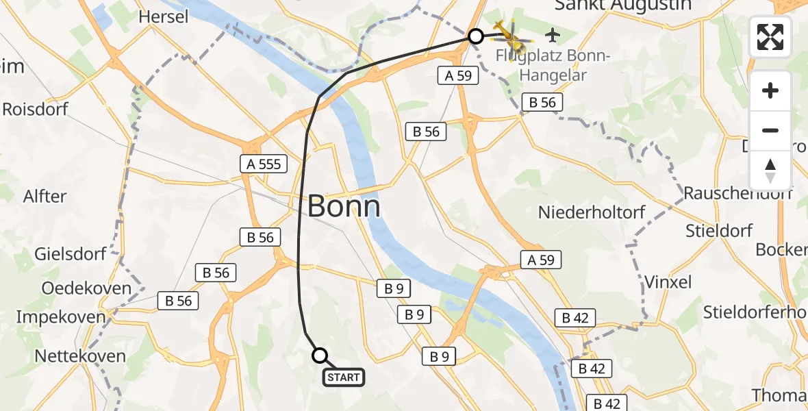 Flugroute Rettungshubschrauber Bonn University Hospital - Sankt Augustin, 27 Mai 2026, 17:35