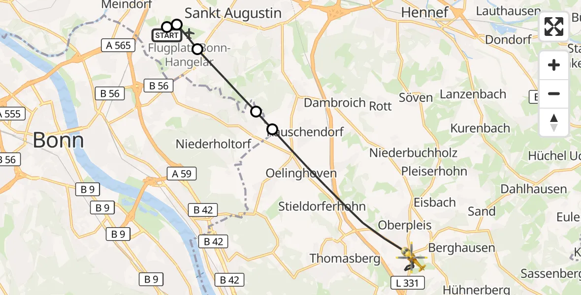 Flugroute Rettungshubschrauber Bonn-Hangelar Flugplatz - Königswinter, 27 Mai 2026, 17:58