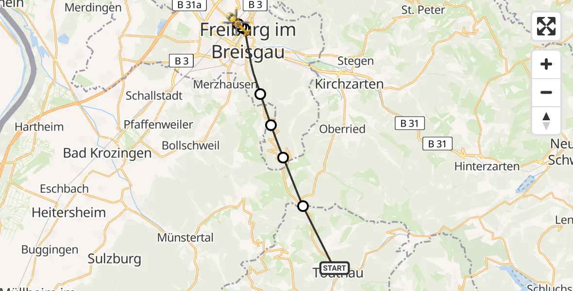 Flugroute Rettungshubschrauber Todtnau - Freiburg University Hospital Heliport 1, 27 Mai 2026, 18:00