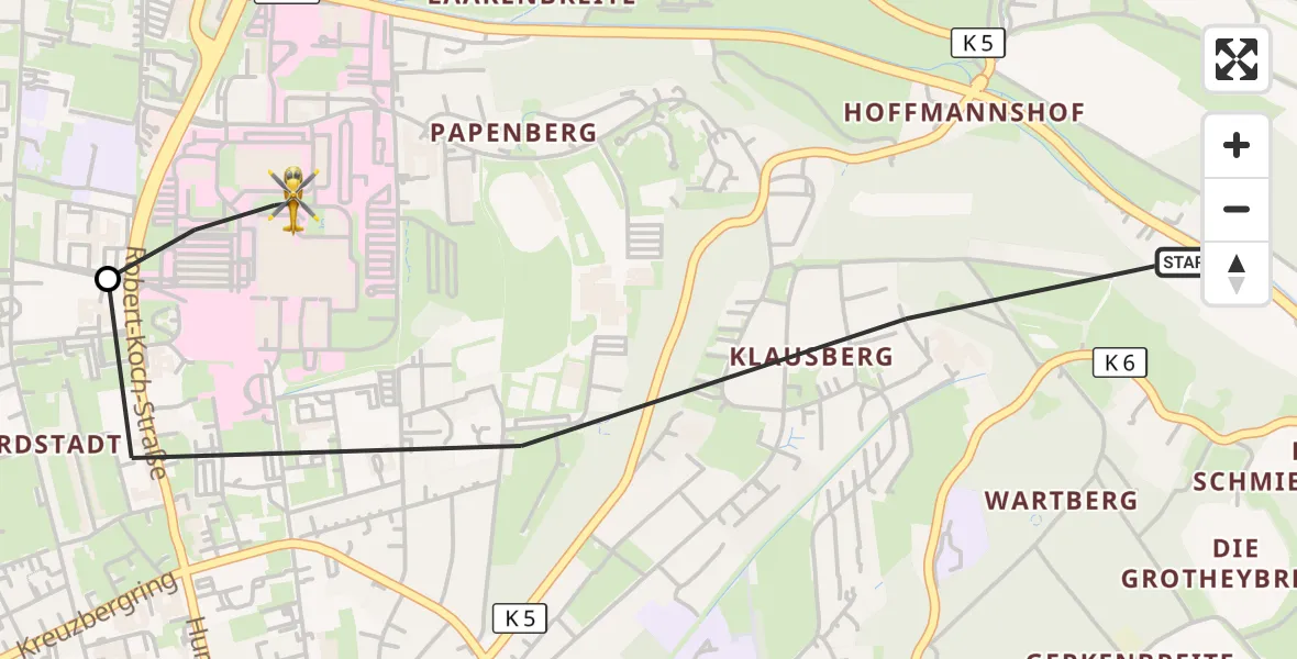 Flugroute Rettungshubschrauber Göttingen - Göttingen University Clinic Hubschrauberlandeplatz, 27 Mai 2026, 18:02