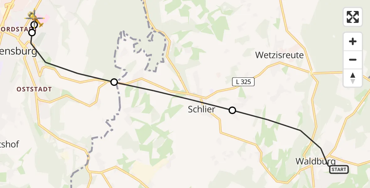 Flugroute Rettungshubschrauber Waldburg - Sankt Elisabeth Hospital, 27 Mai 2026, 18:04