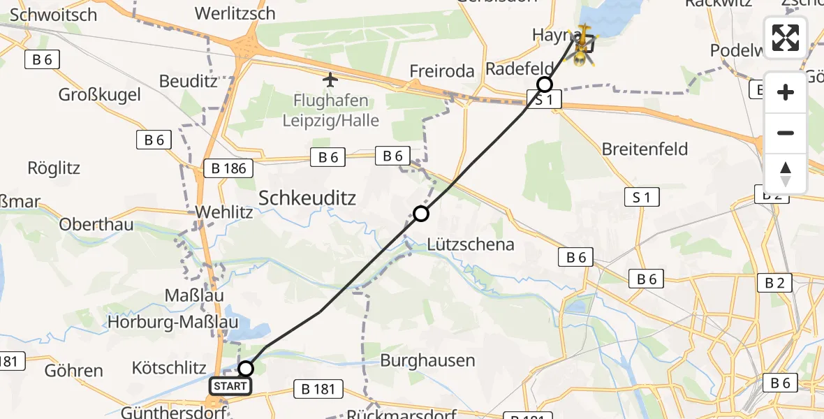 Flugroute Rettungshubschrauber ADAC Air Rescue Station Leipzig/Schkeuditz-Dölzig Hubschrauberlandeplatz (Christoph 61) - Schkeuditz, 27 Mai 2026, 18:05