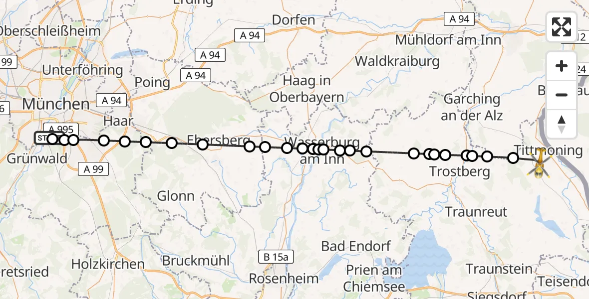 Flugroute Rettungshubschrauber ADAC Air Rescue Center Hubschrauberlandeplatz (Christoph 1) - Tittmoning, 27 Mai 2026, 18:11