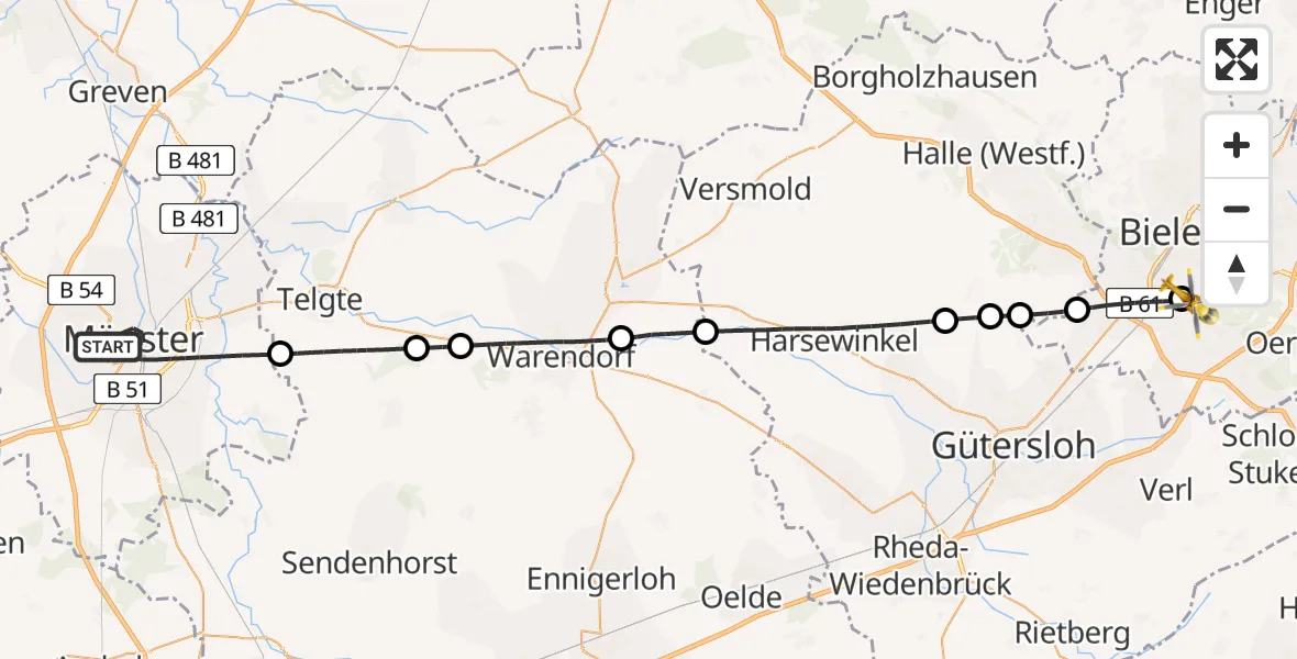 Flugroute Rettungshubschrauber Münster - Luftrettungszentrum Bielefeld, 27 Mai 2026, 18:18
