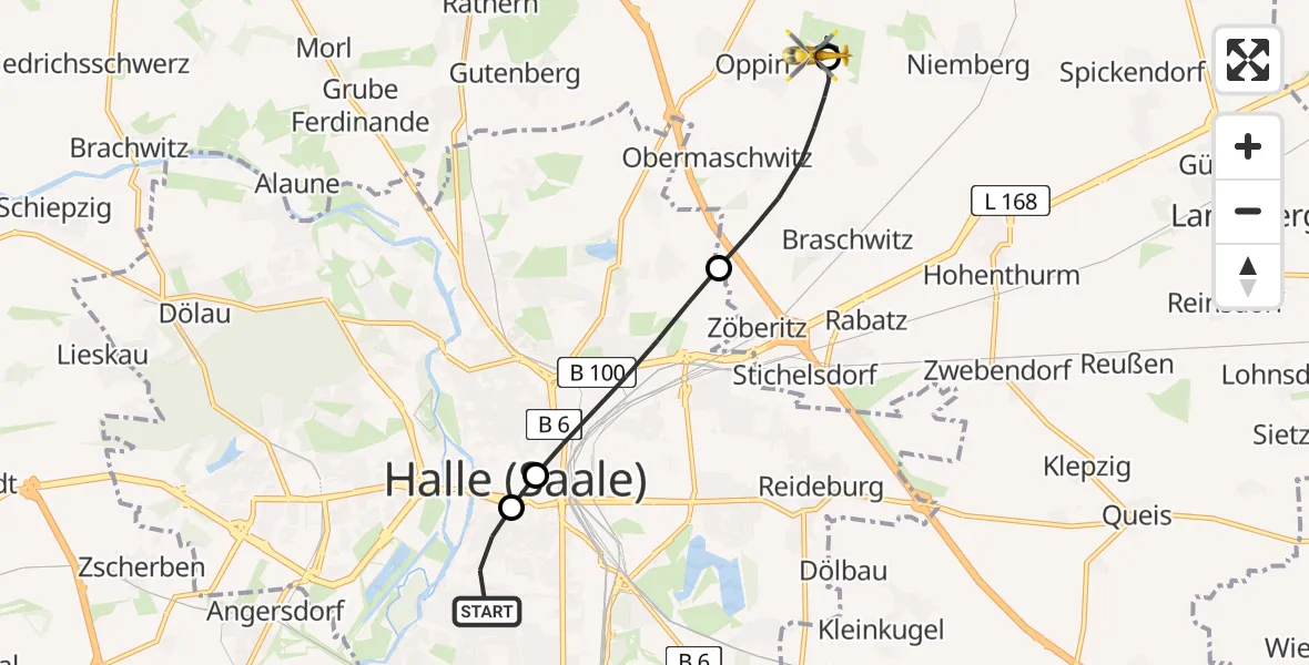 Flugroute Rettungshubschrauber Halle (Saale) - Halle-Oppin Flugplatz, 27 Mai 2026, 18:21