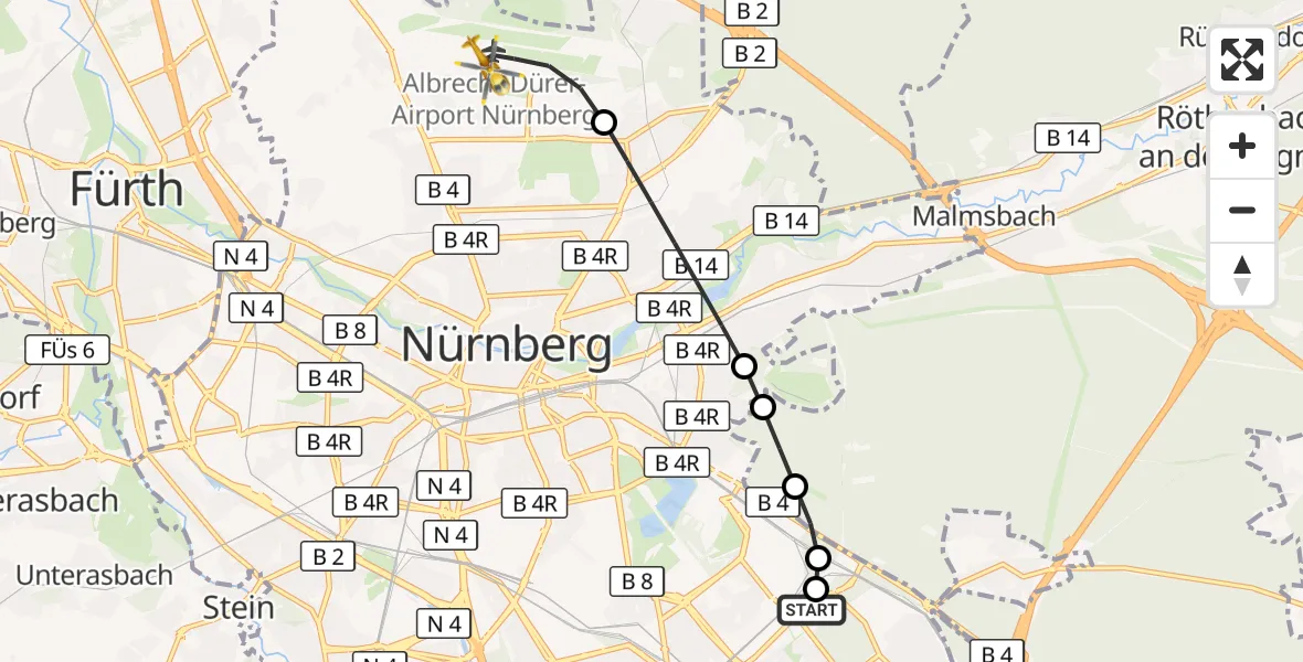 Flugroute Ambulanzhubschrauber Nürnberg South Hospital - Flughafen Nuremberg, 27 Mai 2026, 18:25