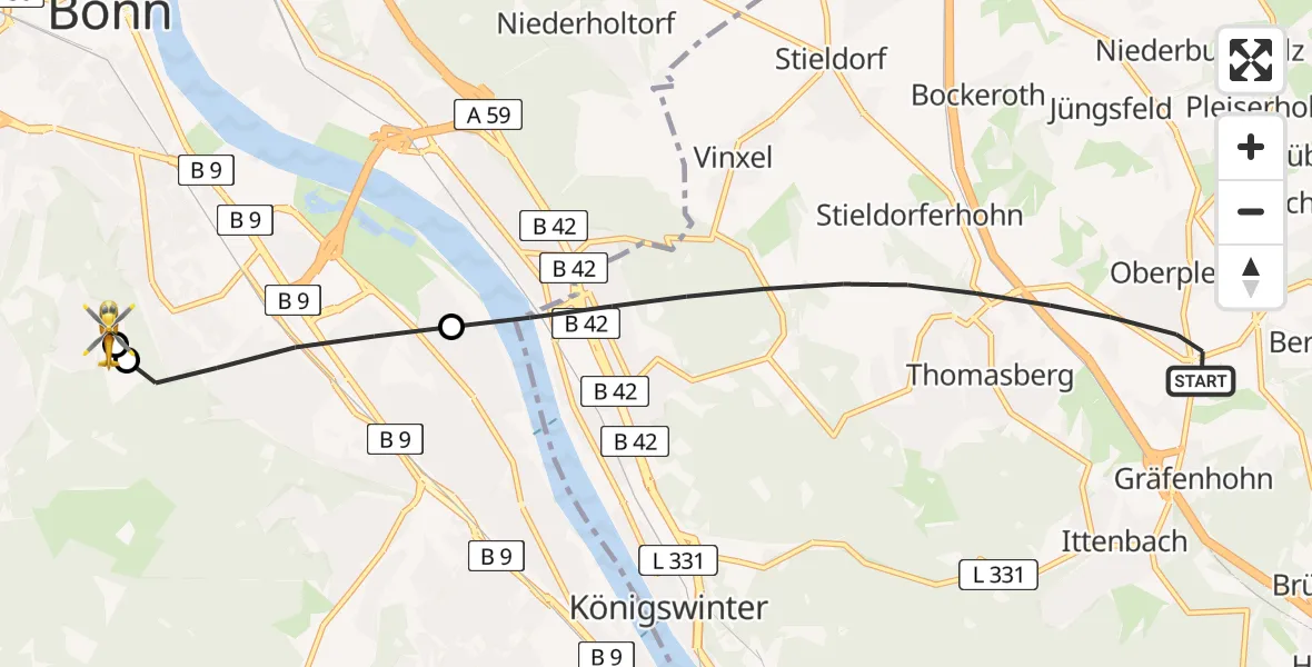 Flugroute Rettungshubschrauber Königswinter - Bonn University Hospital, 27 Mai 2026, 18:26