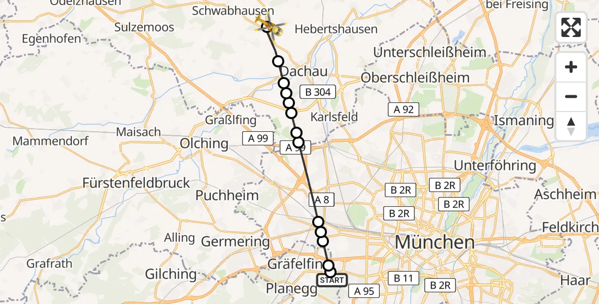 Flugroute Rettungshubschrauber DRF Air Rescue München Hubschrauberlandeplatz - Dachau, 27 Mai 2026, 18:29