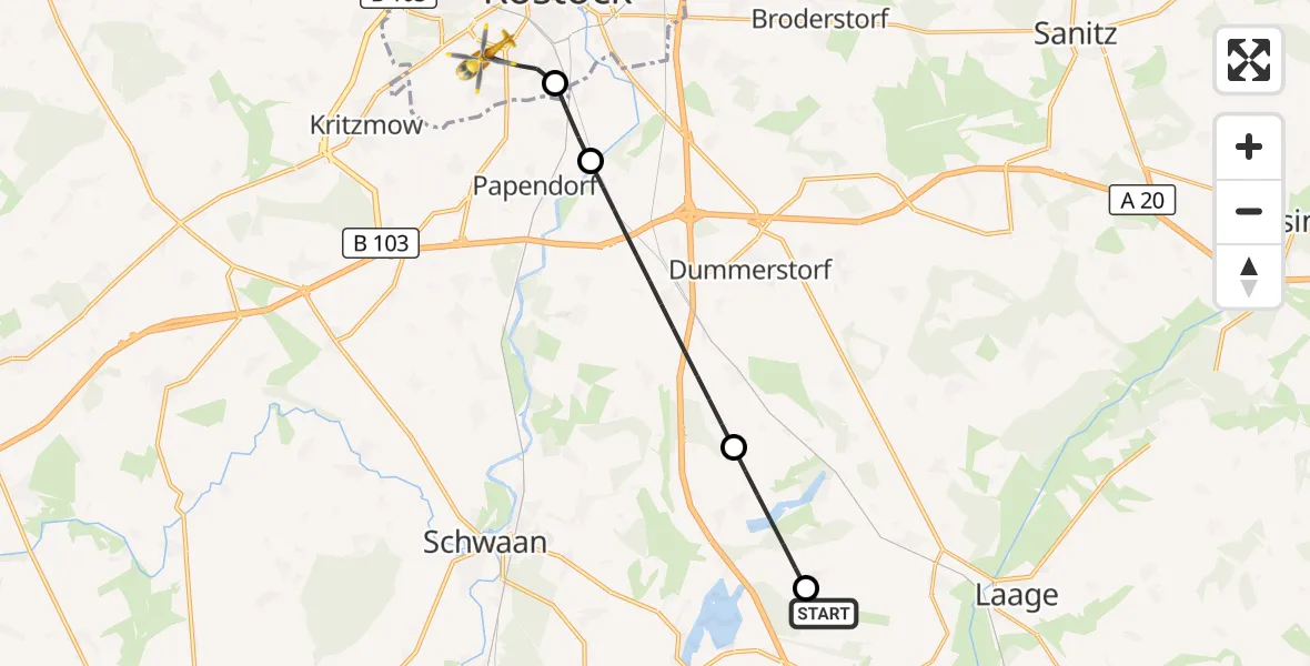 Flugroute Rettungshubschrauber Flughafen Rostock-Laage - Rostock, 27 Mai 2026, 18:37