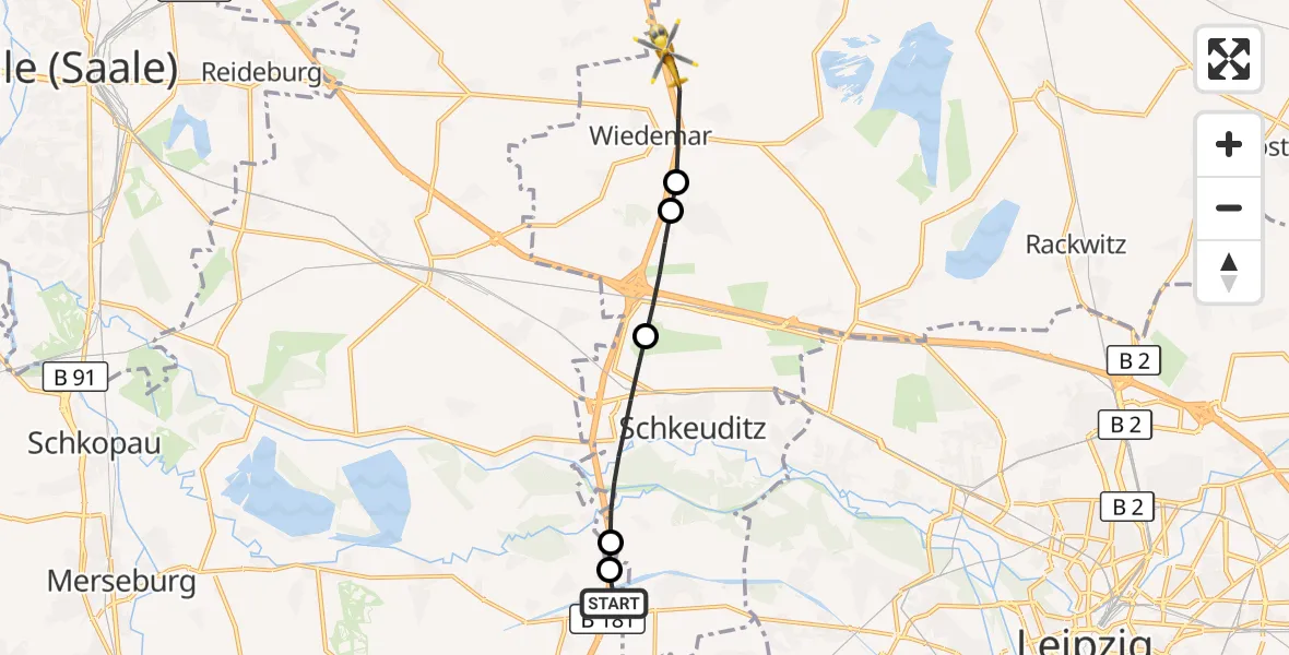 Flugroute Rettungshubschrauber ADAC Air Rescue Station Leipzig/Schkeuditz-Dölzig Hubschrauberlandeplatz (Christoph 61) - Wiedemar, 27 Mai 2026, 18:37