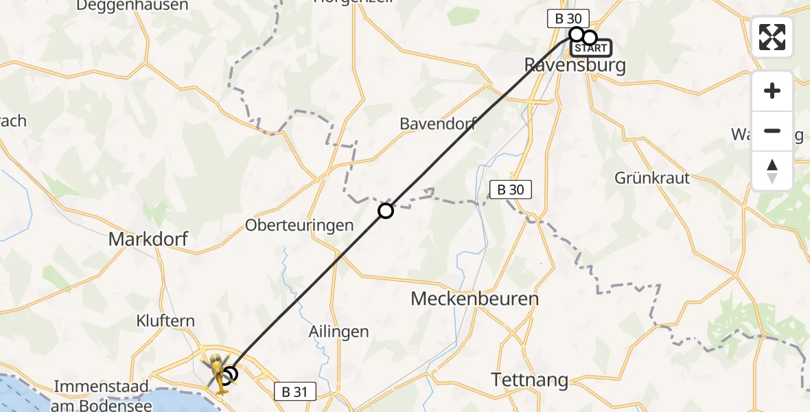 Flugroute Rettungshubschrauber Sankt Elisabeth Hospital - Friedrichshafen Hospital, 27 Mai 2026, 18:37