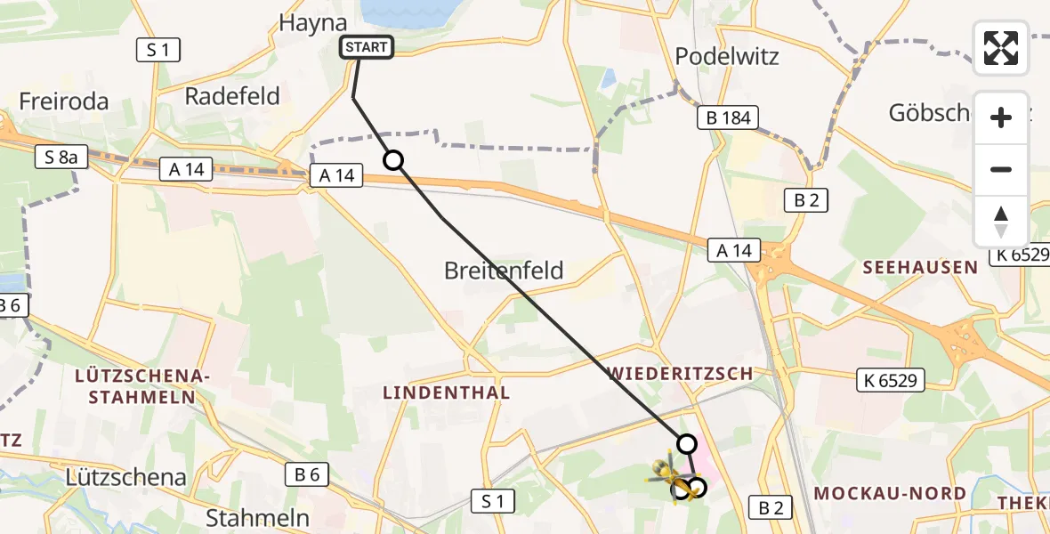 Flugroute Rettungshubschrauber Schkeuditz - Sankt Georg Hospital Leipzig Reserve, 27 Mai 2026, 18:51