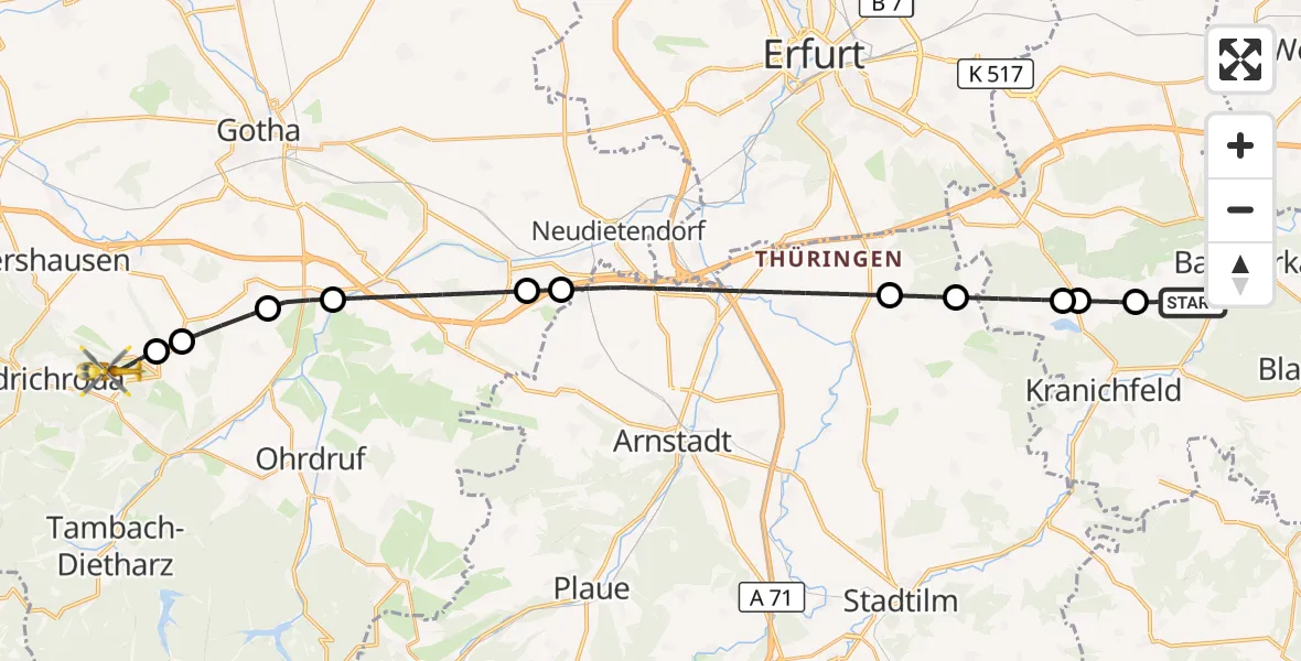 Flugroute Ambulanzhubschrauber Bad Berka - Friedrichroda, 27 Mai 2026, 18:57