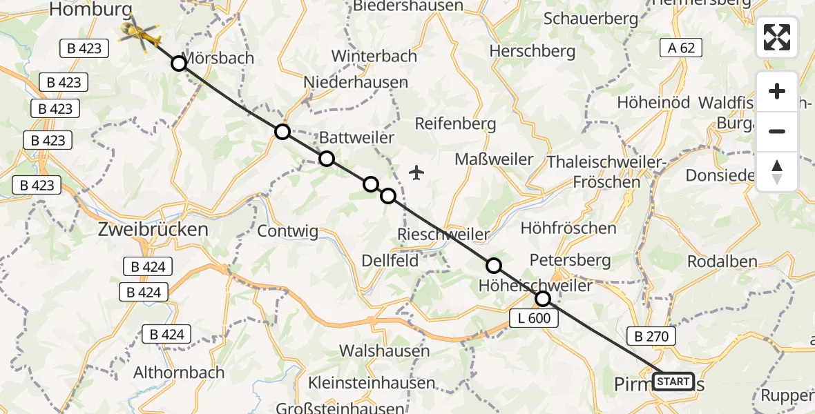 Flugroute Rettungshubschrauber Pirmasens - Homburg, 27 Mai 2026, 19:03