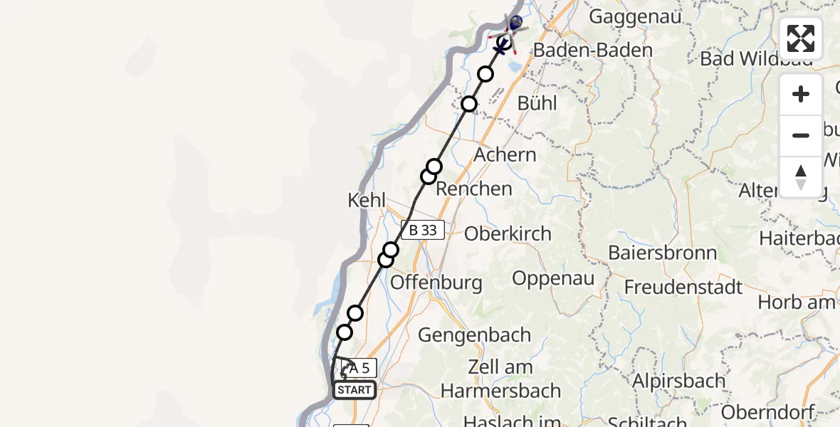 Flugroute Polizeihubschrauber Schwanau - Karlsruhe Baden-Baden Flughafen, 27 Mai 2026, 19:12