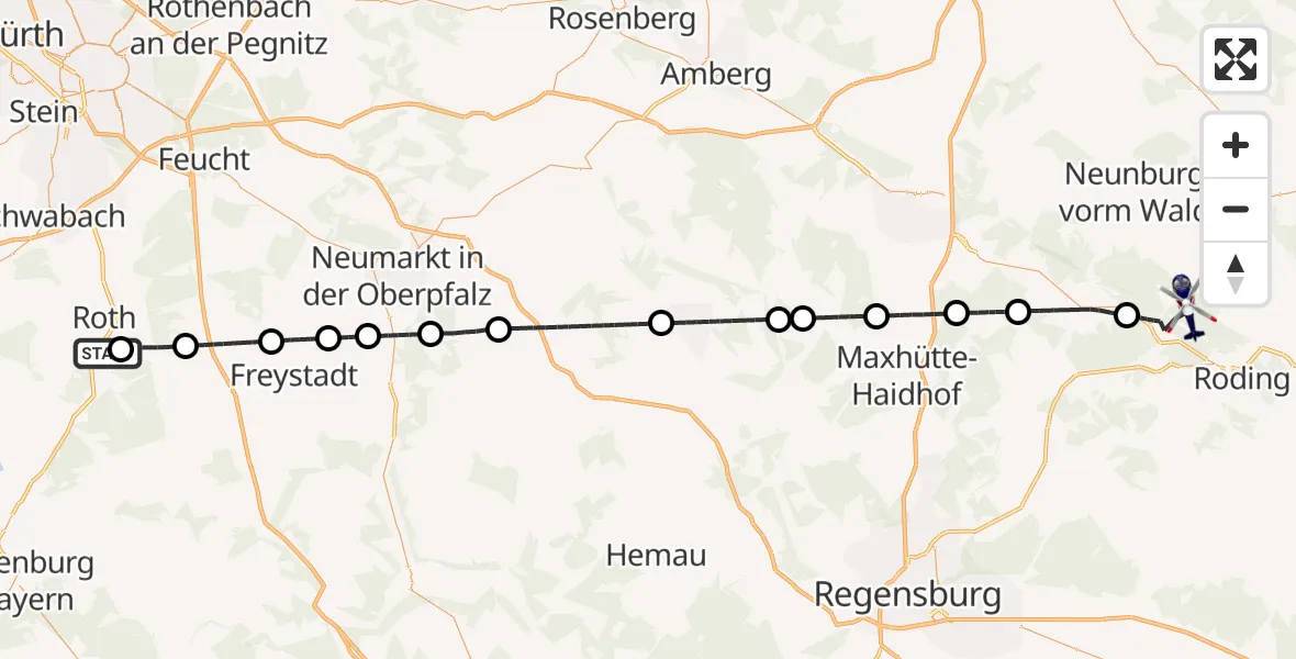 Flugroute Polizeihubschrauber Flugplatz Roth - Roding, 27 Mai 2026, 19:16