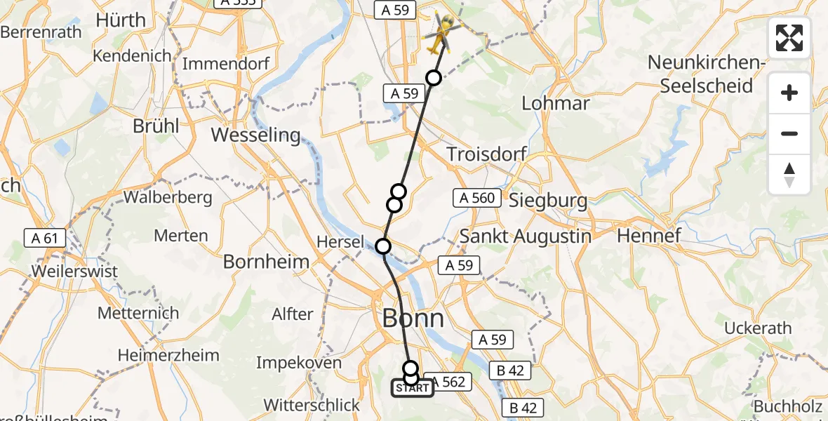 Flugroute Rettungshubschrauber Bonn University Hospital - Köln Bonn Flughafen, 27 Mai 2026, 19:32