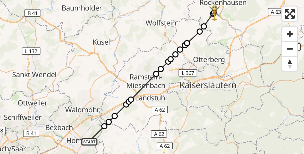 Flugroute Rettungshubschrauber Homburg - Imsweiler UL, 27 Mai 2026, 19:40