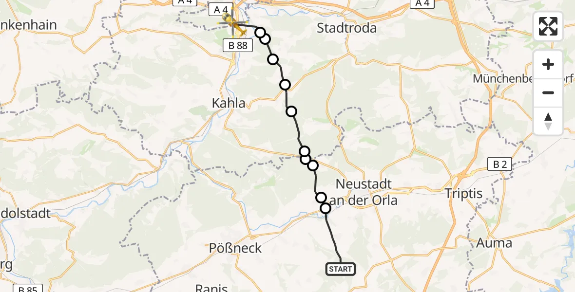 Flugroute Rettungshubschrauber Weira - Jena, 27 Mai 2026, 19:43