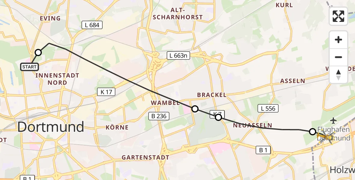 Flugroute Ambulanzhubschrauber Dortmund Hospital North - Dortmund Flughafen, 27 Mai 2026, 19:45