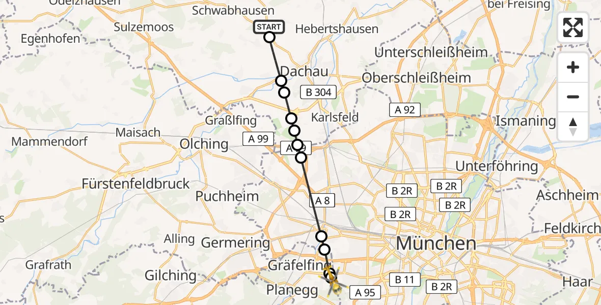 Flugroute Rettungshubschrauber Dachau - DRF Air Rescue München Hubschrauberlandeplatz, 27 Mai 2026, 19:51