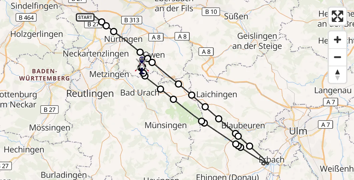 Flugroute Polizeihubschrauber Flughafen Stuttgart - Beuren, 27 Mai 2026, 19:54