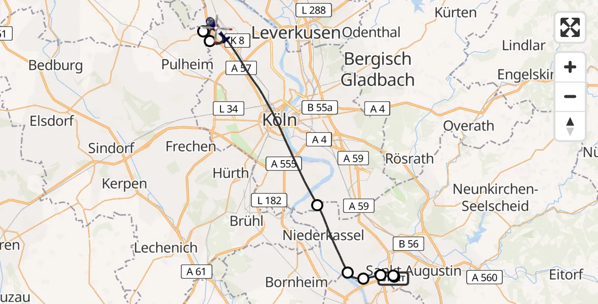 Flugroute Polizeihubschrauber Sankt Augustin - Köln, 27 Mai 2026, 19:58