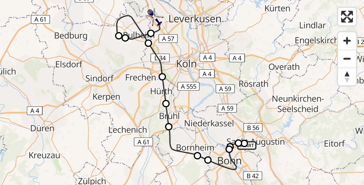 Flugroute Polizeihubschrauber Bonn-Hangelar Flugplatz - Köln, 27 Mai 2026, 20:07