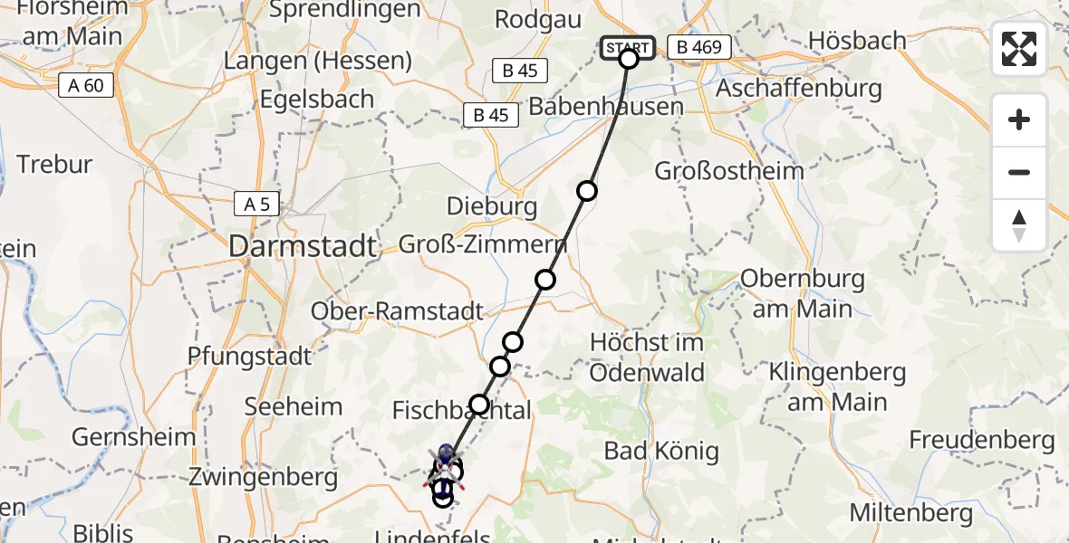 Flugroute Polizeihubschrauber Mainhausen - Reichelsheim (Odenwald), 27 Mai 2026, 20:08