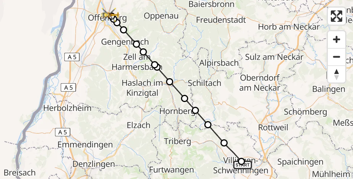 Flugroute Ambulanzhubschrauber DRF Air Rescue Station Villingen-Schwenningen Hubschrauberlandeplatz (Christoph 11) - Offenburg, 27 Mai 2026, 20:10