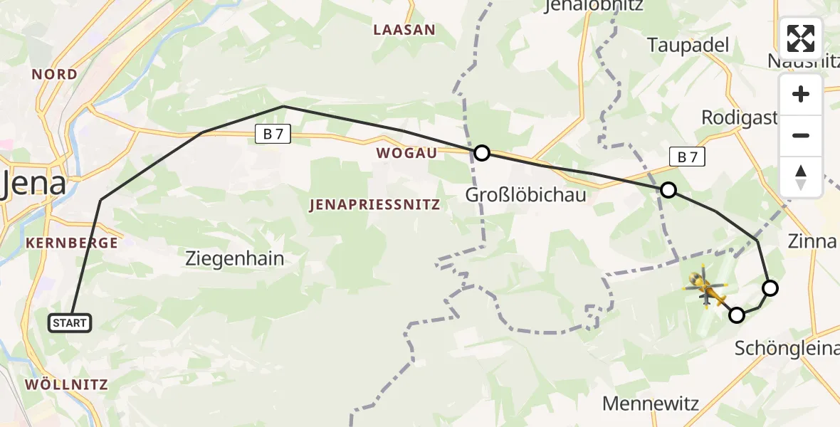 Flugroute Rettungshubschrauber Jena - Jena-Schöngleina Flugplatz, 27 Mai 2026, 20:10