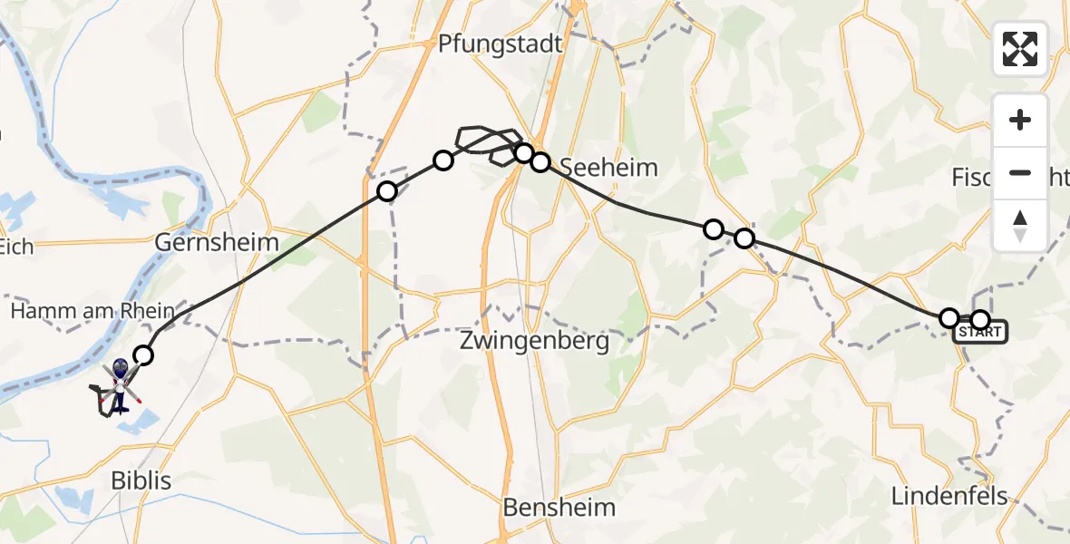 Flugroute Polizeihubschrauber Reichelsheim (Odenwald) - Groß-Rohrheim, 27 Mai 2026, 20:24