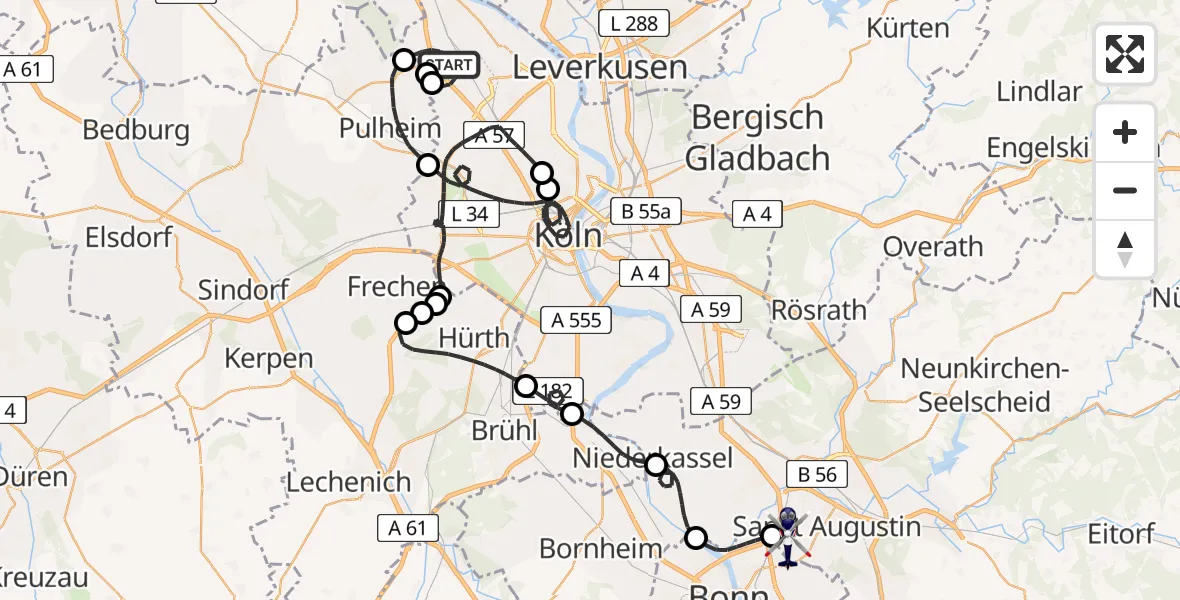 Flugroute Polizeihubschrauber Köln - Sankt Augustin, 27 Mai 2026, 20:25