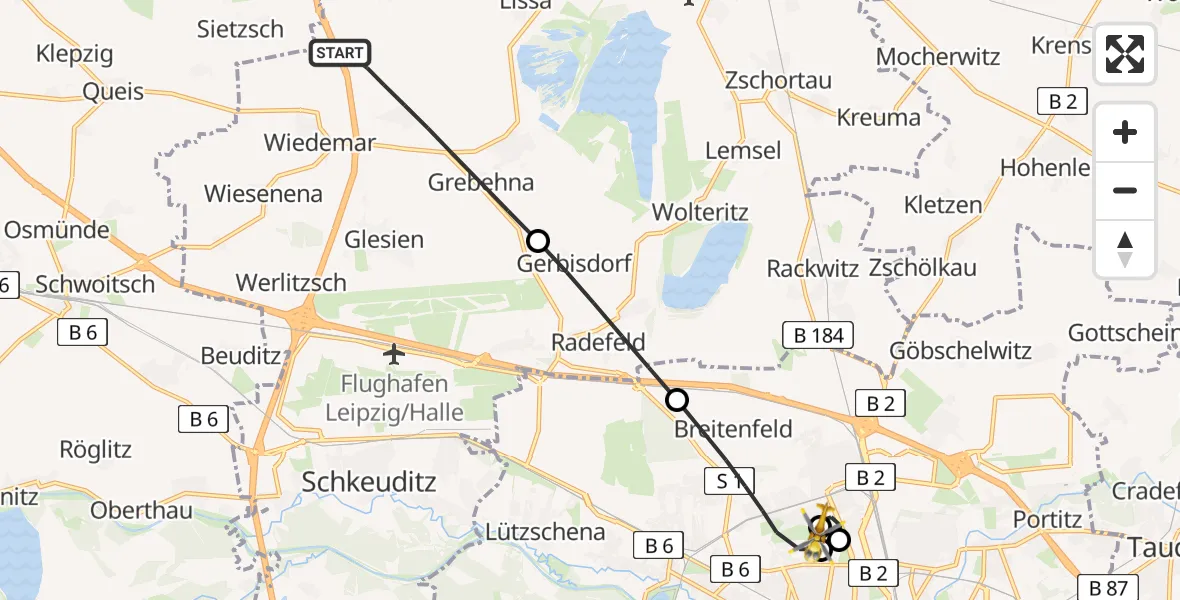 Flugroute Rettungshubschrauber Wiedemar - Sankt Georg Hospital Leipzig Reserve, 27 Mai 2026, 20:27