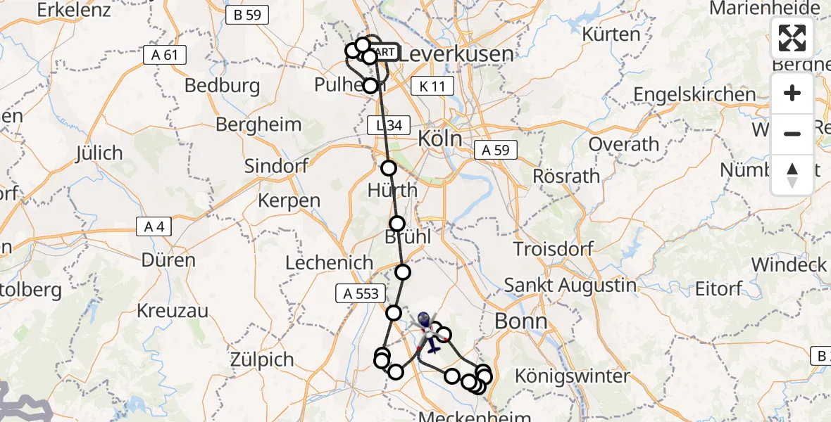Flugroute Polizeihubschrauber Köln - Swisttal, 27 Mai 2026, 20:37