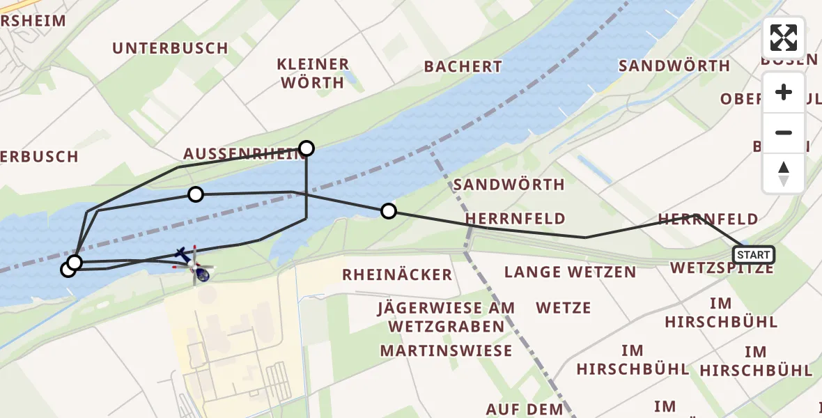 Flugroute Polizeihubschrauber Groß-Rohrheim - Biblis, 27 Mai 2026, 20:51