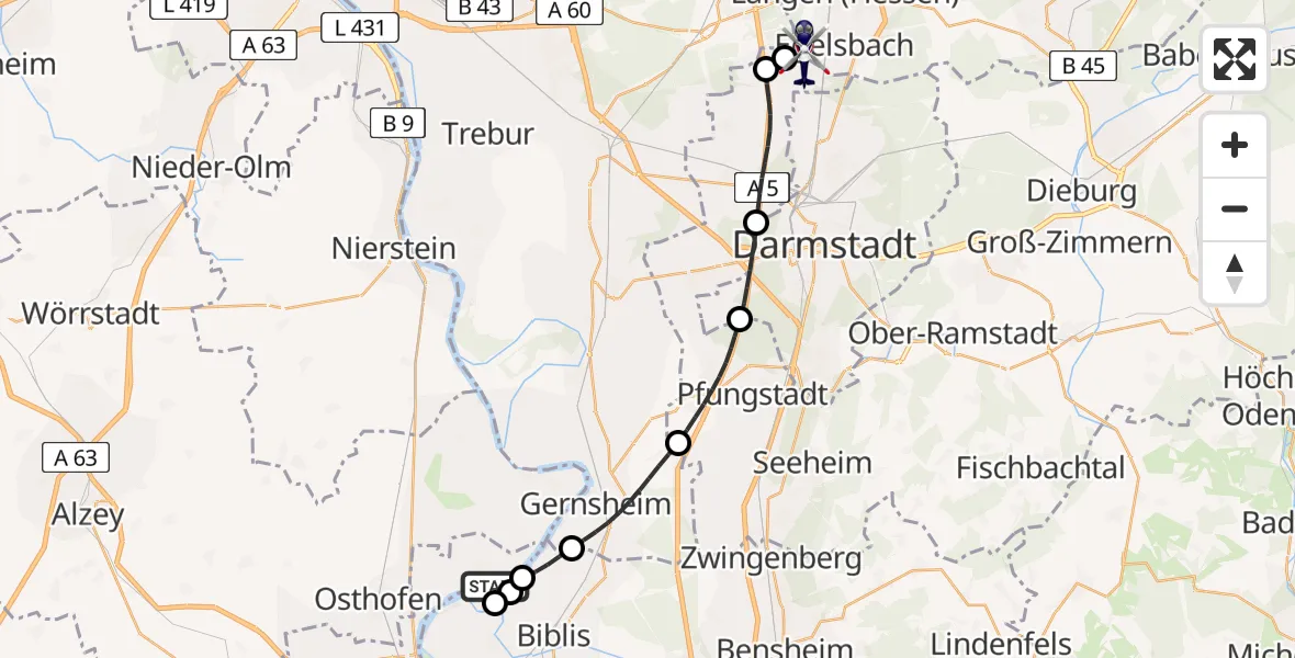 Flugroute Polizeihubschrauber Biblis - Flughafen Frankfurt-Egelsbach, 27 Mai 2026, 20:58