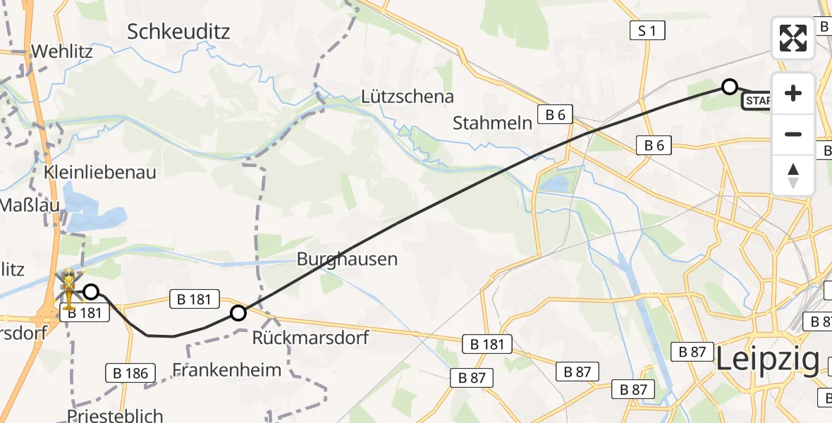 Flugroute Rettungshubschrauber Sankt Georg Hospital Leipzig Reserve - ADAC Air Rescue Station Leipzig/Schkeuditz-Dölzig Hubschrauberlandeplatz (Christoph 61), 27 Mai 2026, 20:59