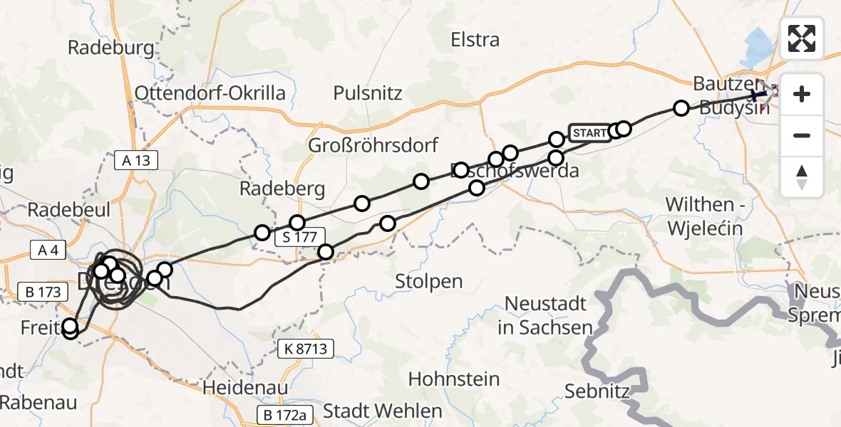 Flugroute Polizeihubschrauber Demitz-Thumitz - Bautzen, 27 Mai 2026, 21:09
