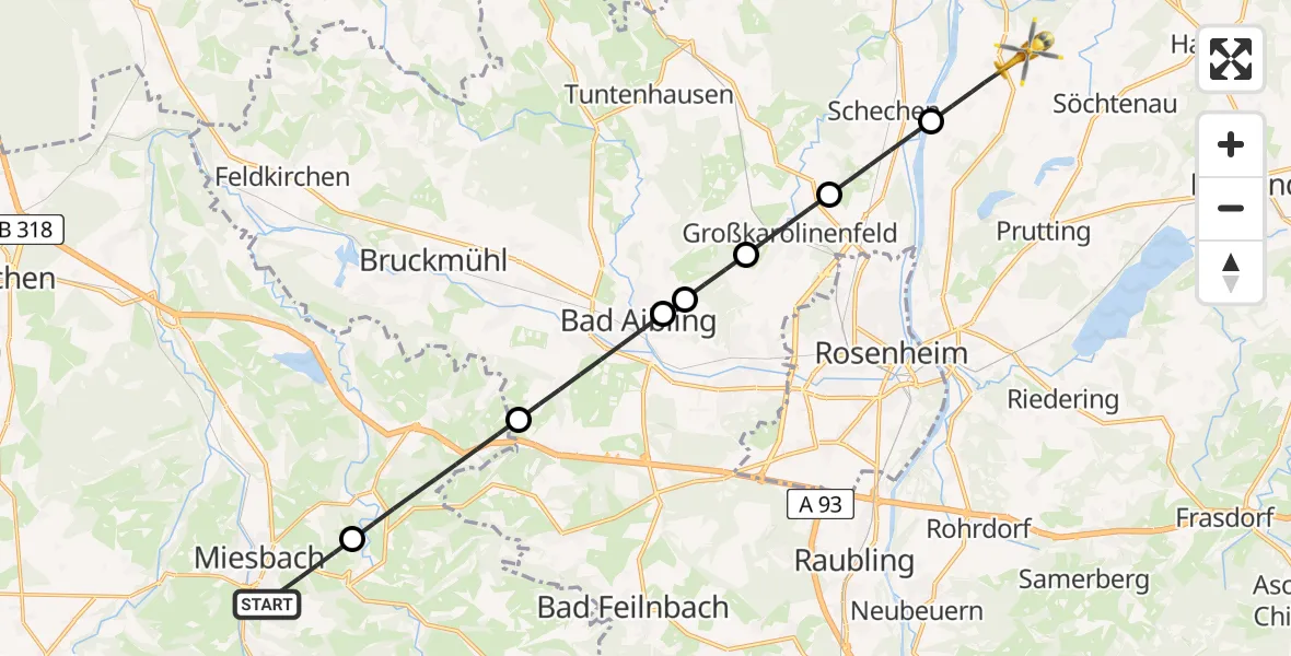 Flugroute Rettungshubschrauber Miesbach - Vogtareuth, 27 Mai 2026, 21:15