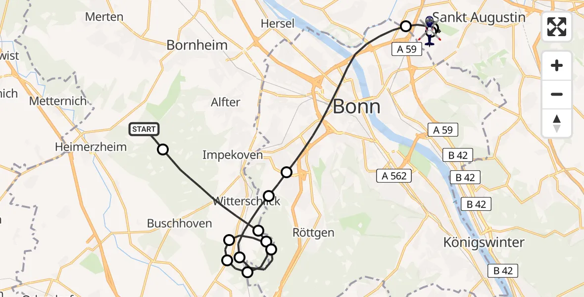 Flugroute Polizeihubschrauber Bornheim - Sankt Augustin, 27 Mai 2026, 21:18