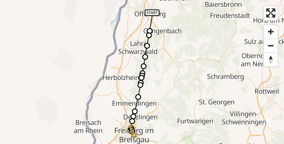Flugroute Ambulanzhubschrauber Offenburg - Freiburg University Hospital Heliport 1, 27 Mai 2026, 21:37