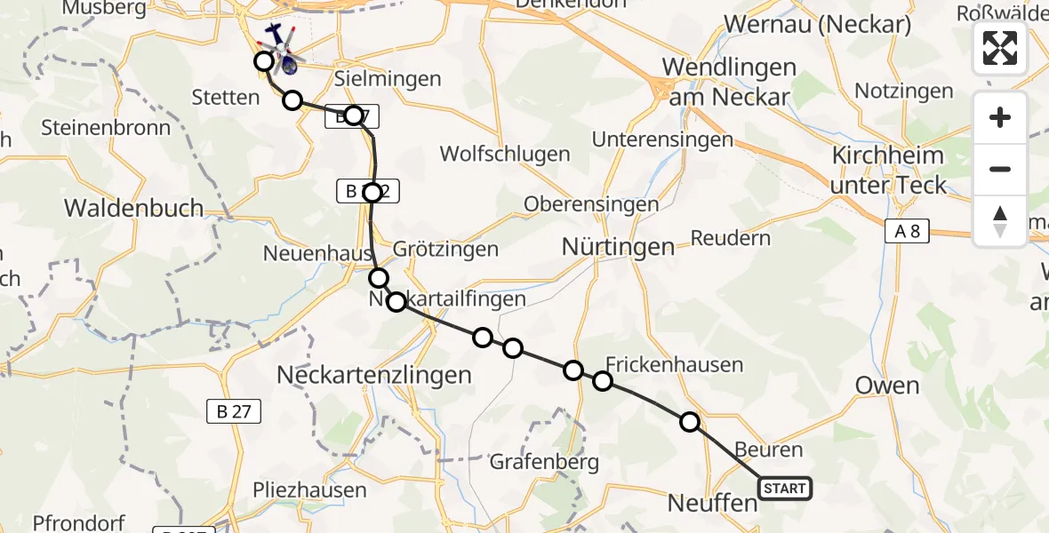 Flugroute Polizeihubschrauber Beuren - Flughafen Stuttgart, 27 Mai 2026, 21:38