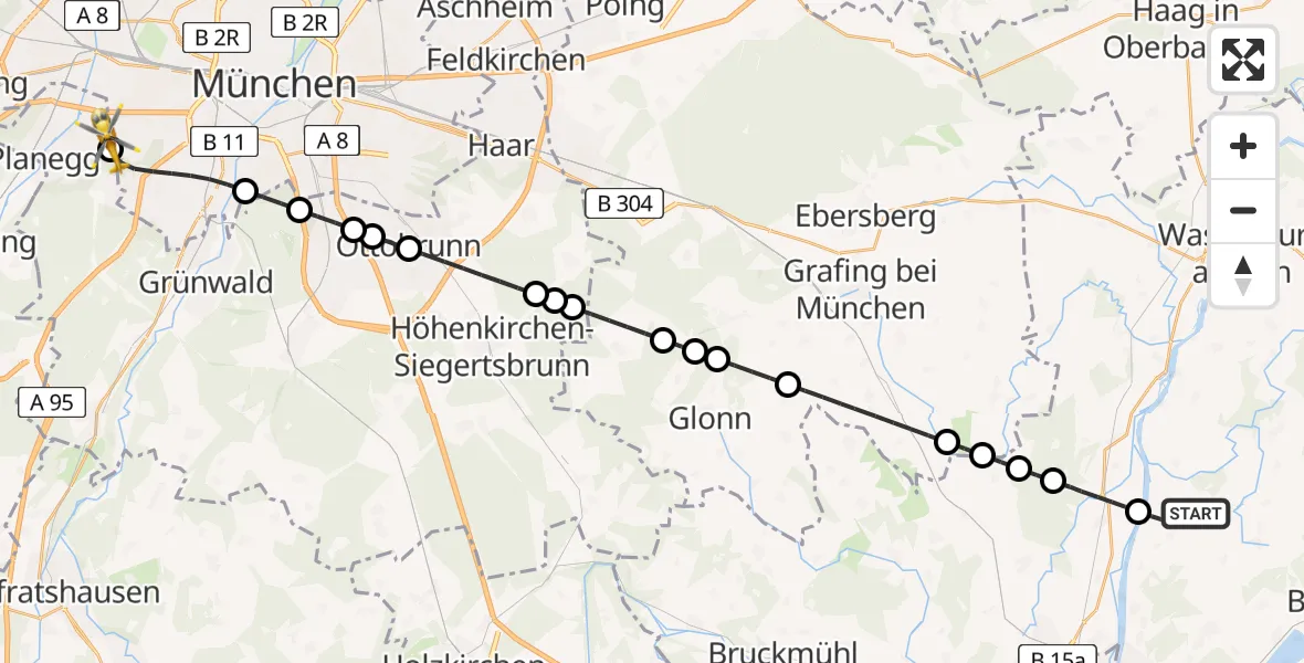 Flugroute Rettungshubschrauber Vogtareuth - DRF Air Rescue München Hubschrauberlandeplatz, 27 Mai 2026, 22:04