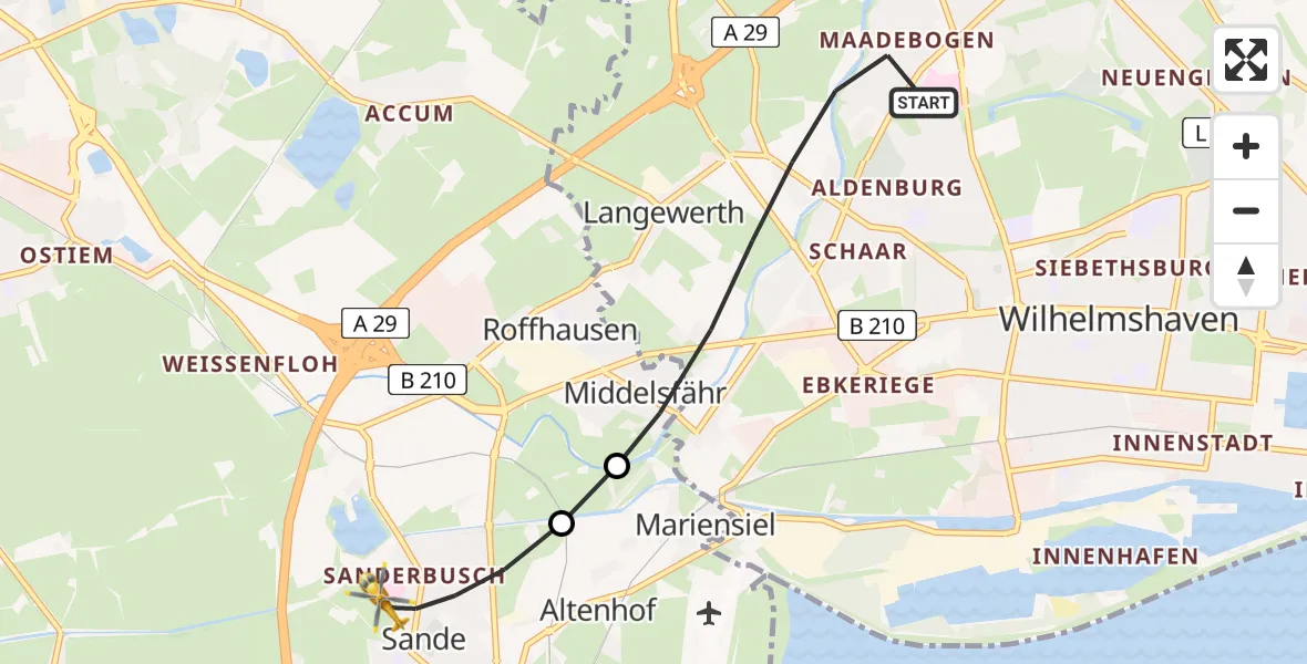 Flugroute Rettungshubschrauber Wilhelmshaven - Sande, 27 Mai 2026, 22:22