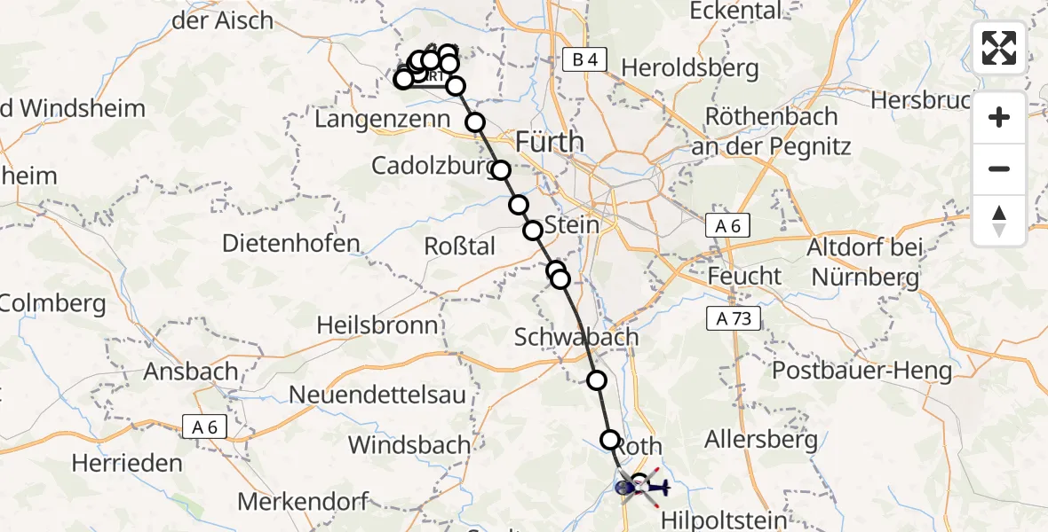 Flugroute Polizeihubschrauber Tuchenbach - Flugplatz Roth, 27 Mai 2026, 22:31